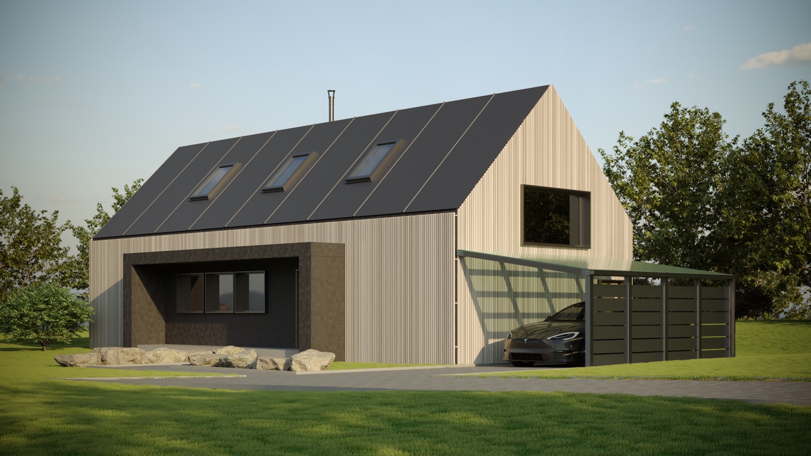 Carport adossé à une façade avec toiture opaque